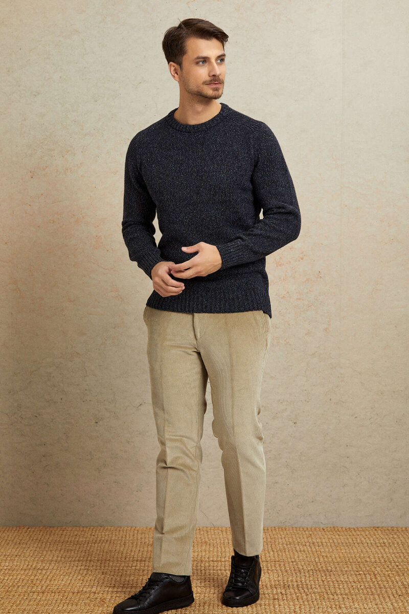 Navy Blue 100% Cotton Round Neck Sweater - 3