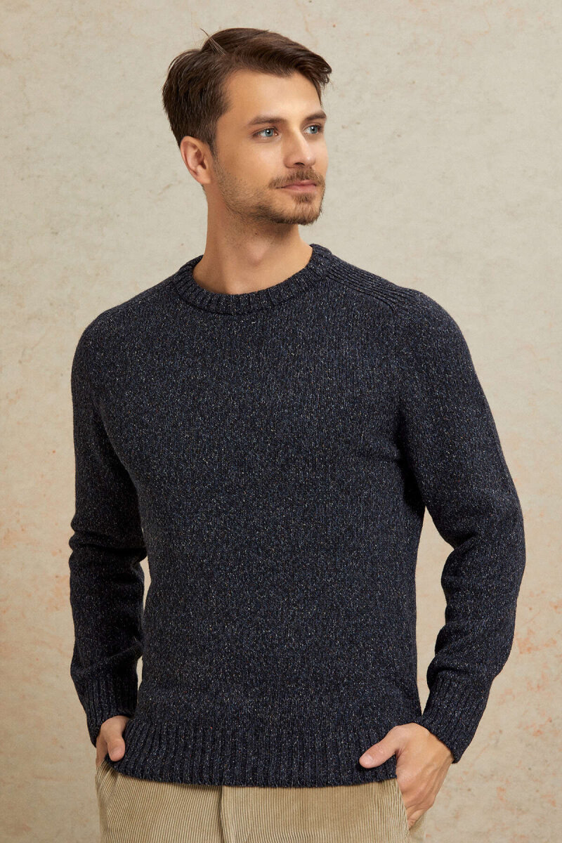 Navy Blue 100% Cotton Round Neck Sweater - 4