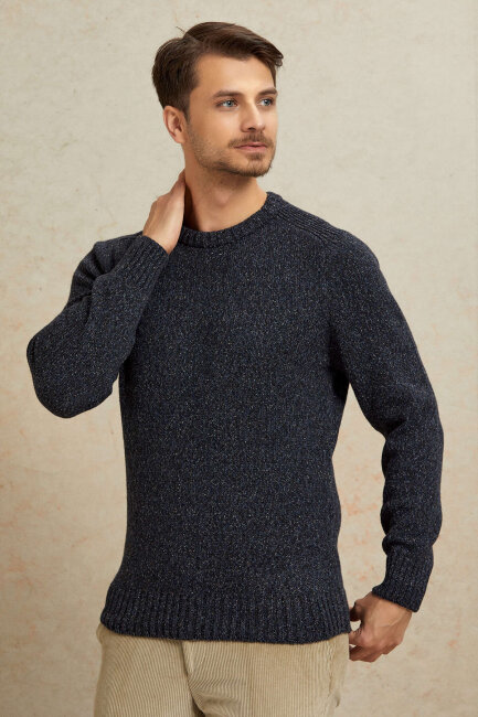 Navy Blue 100% Cotton Round Neck Sweater - 5