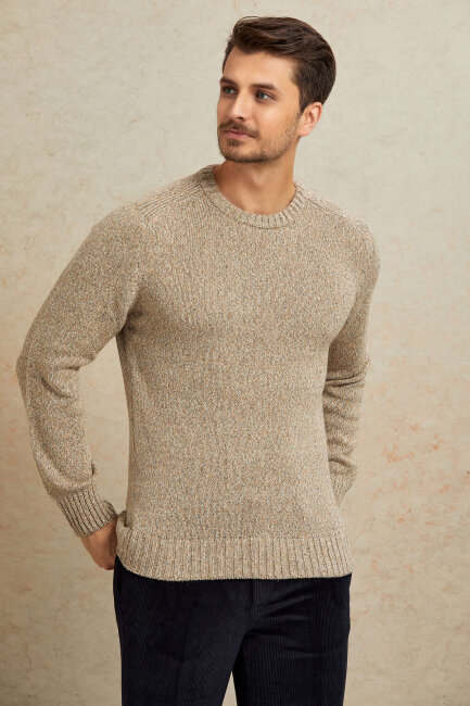 Light Beige 100% Cotton Round Neck Sweater - 5