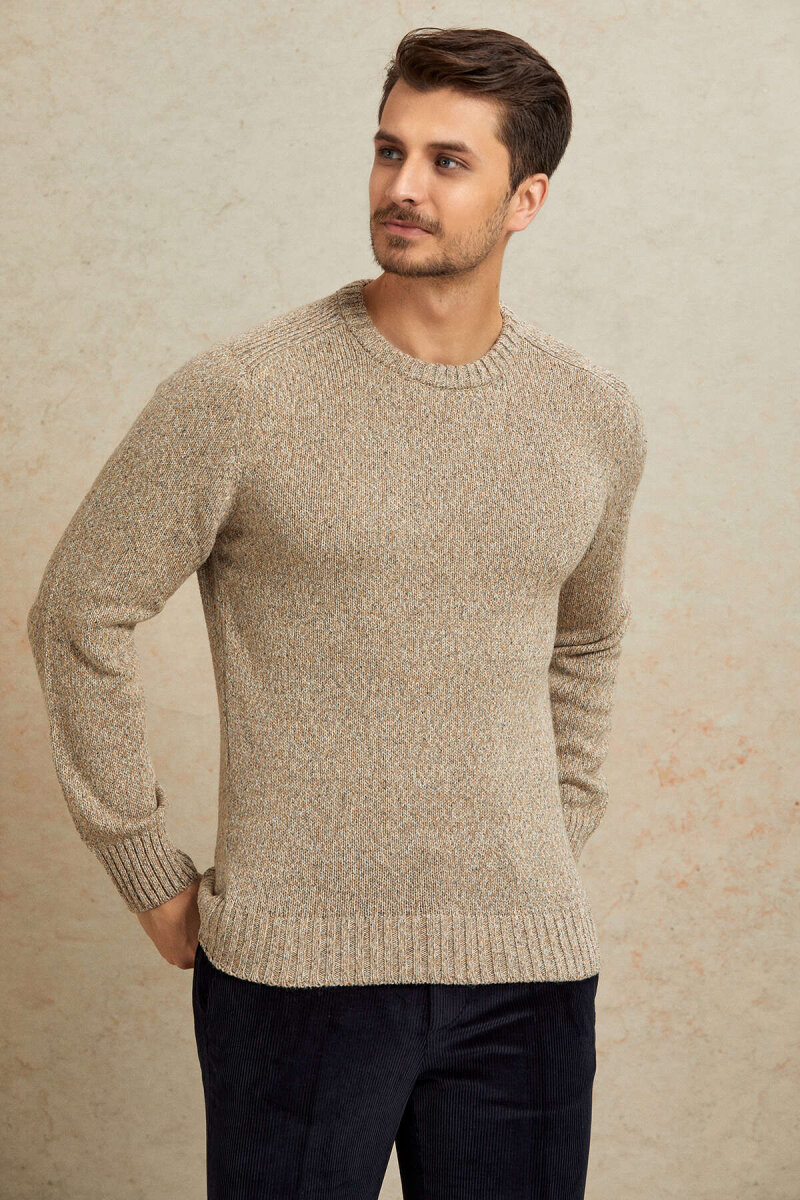 Light Beige 100% Cotton Round Neck Sweater - 5