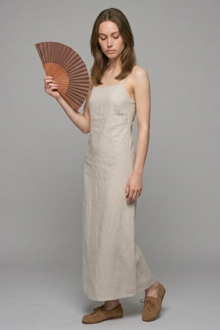 Bej %100 Keten Askılı Midi Elbise 