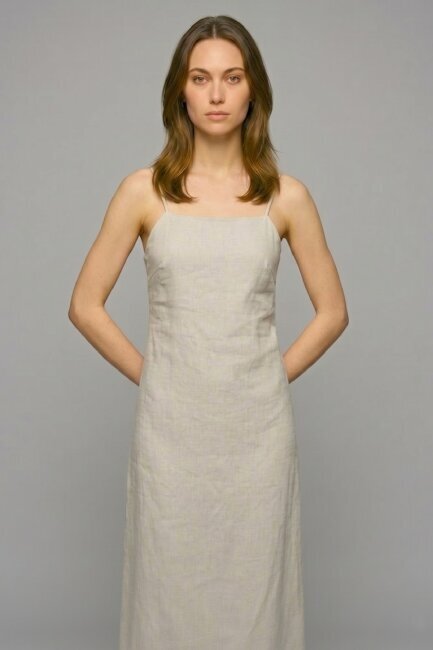 Bej %100 Keten Askılı Midi Elbise - 3