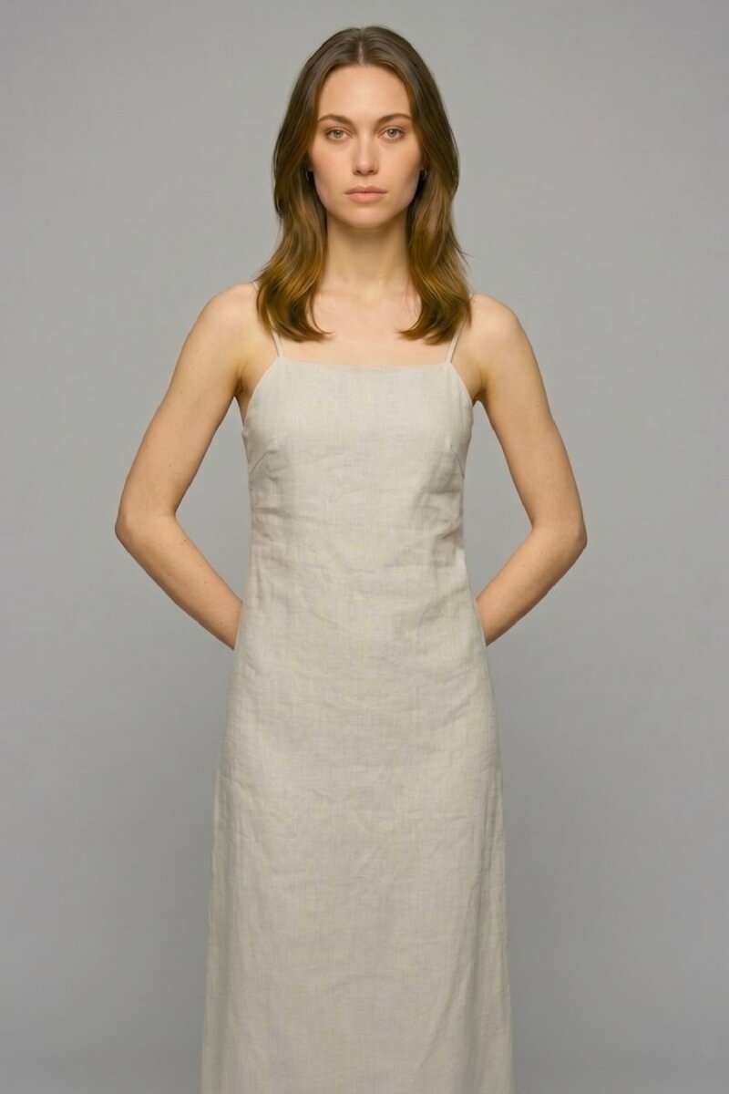 Bej %100 Keten Askılı Midi Elbise - 3