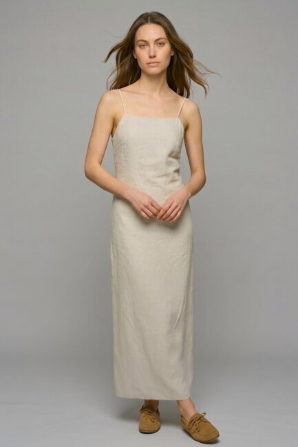 Bej %100 Keten Askılı Midi Elbise - 2