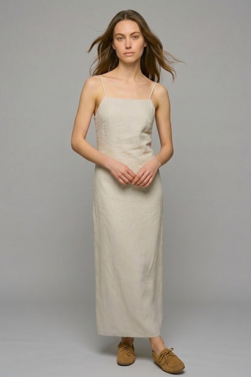 Bej %100 Keten Askılı Midi Elbise - 2