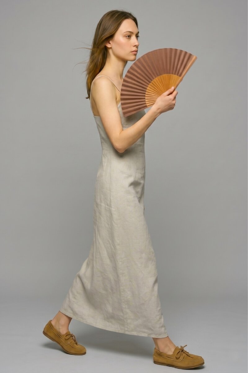 Bej %100 Keten Elbise - 4