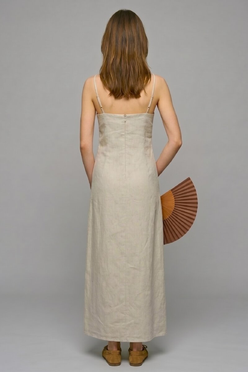 Bej %100 Keten Elbise - 5