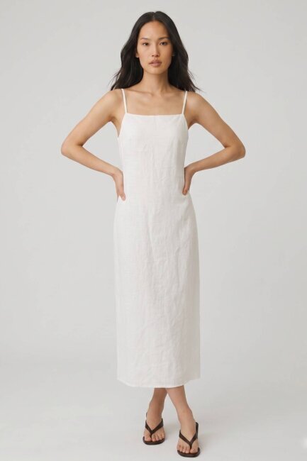 Beyaz %100 Keten Askılı Midi Elbise - 2