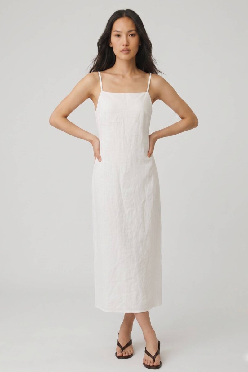 Beyaz %100 Keten Askılı Midi Elbise - 2