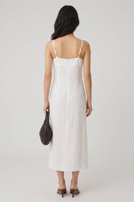 Beyaz %100 Keten Askılı Midi Elbise - 5
