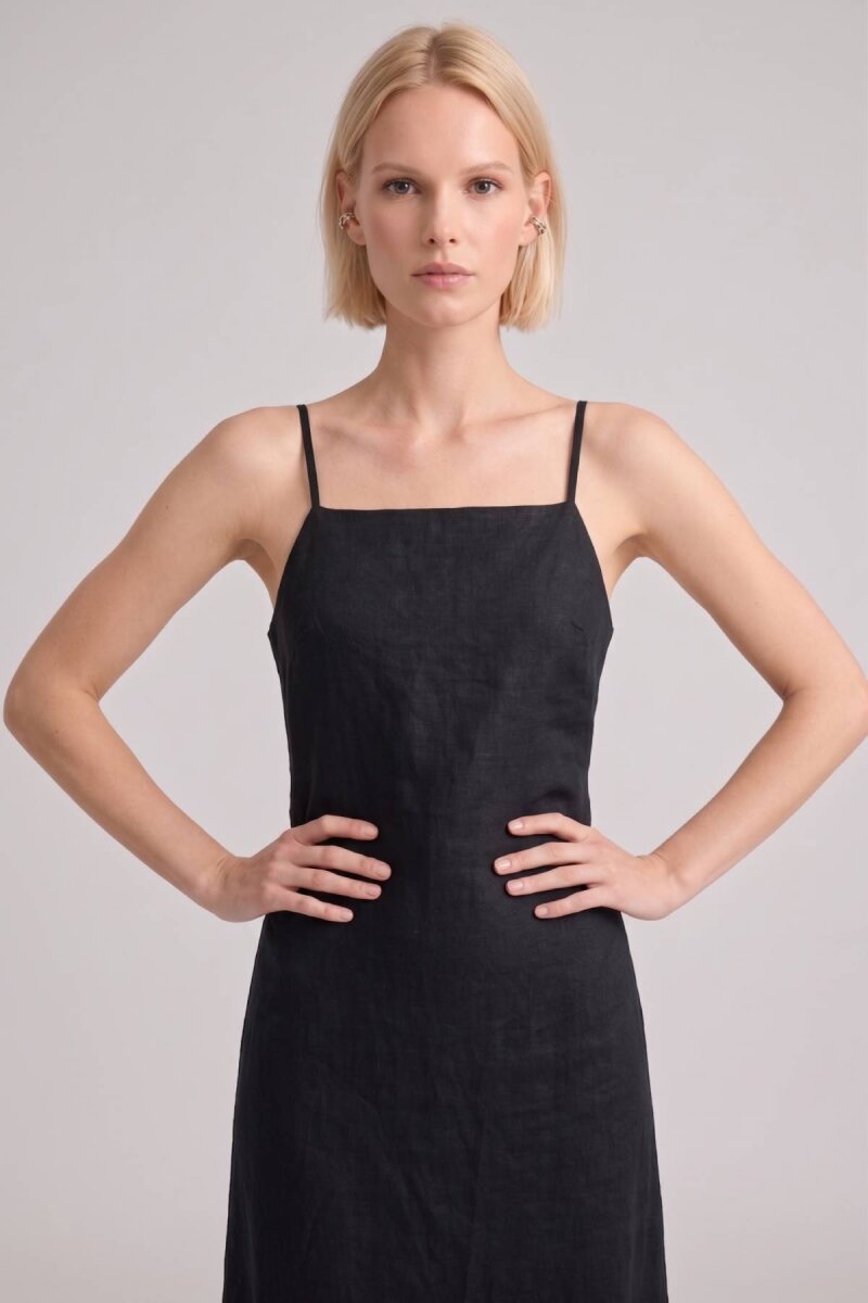 Siyah %100 Keten Askılı Midi Elbise - 3