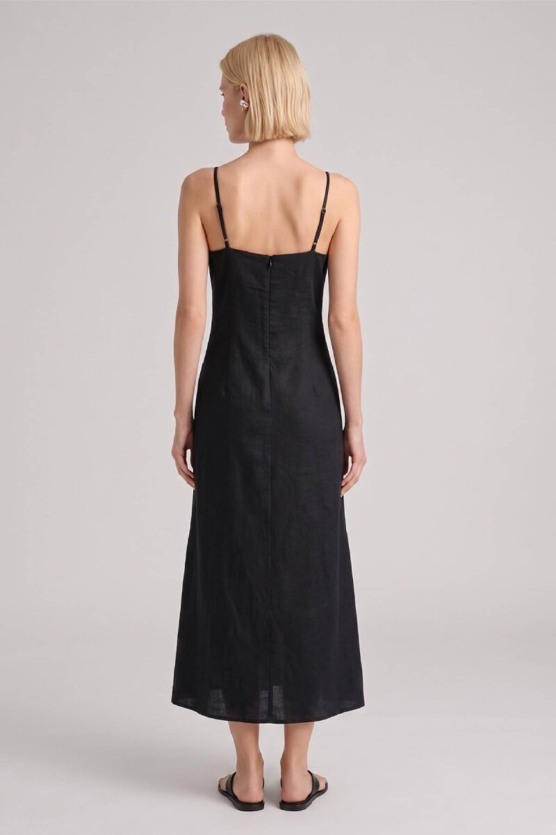 Siyah %100 Keten Askılı Midi Elbise - 5