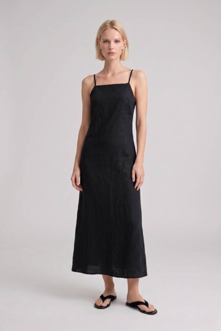 Siyah %100 Keten Askılı Midi Elbise - 4