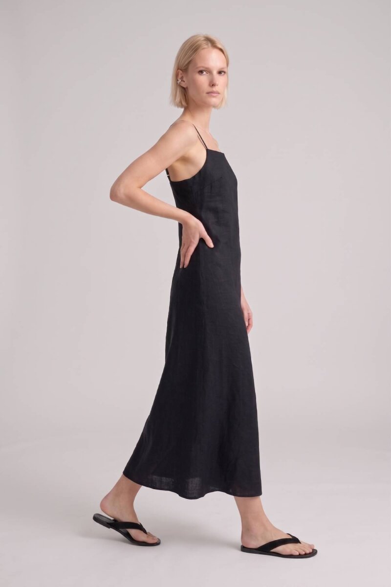 Siyah %100 Keten Askılı Midi Elbise - 2