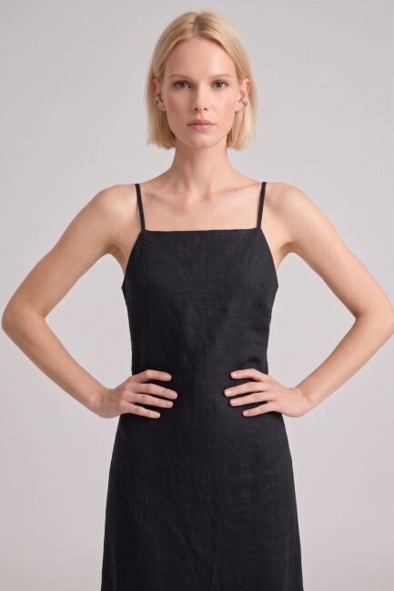 Siyah %100 Keten Elbise - 3