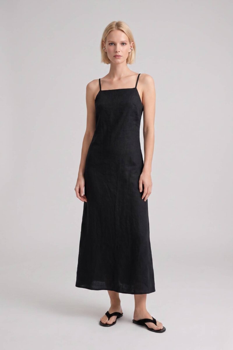 Siyah %100 Keten Elbise - 4