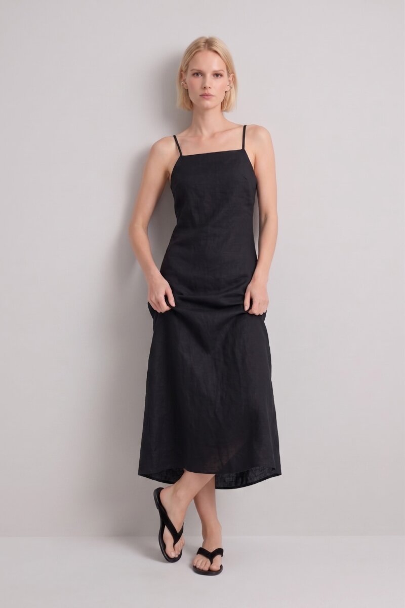 Siyah %100 Keten Elbise - 1