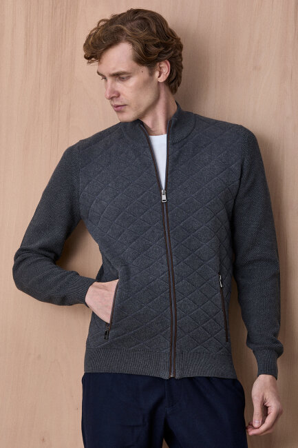 Antrasit Pamuklu Fermuarlı Kazak 