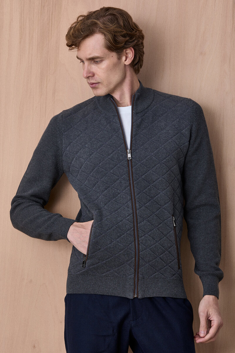 Antrasit Pamuklu Fermuarlı Kazak - 1