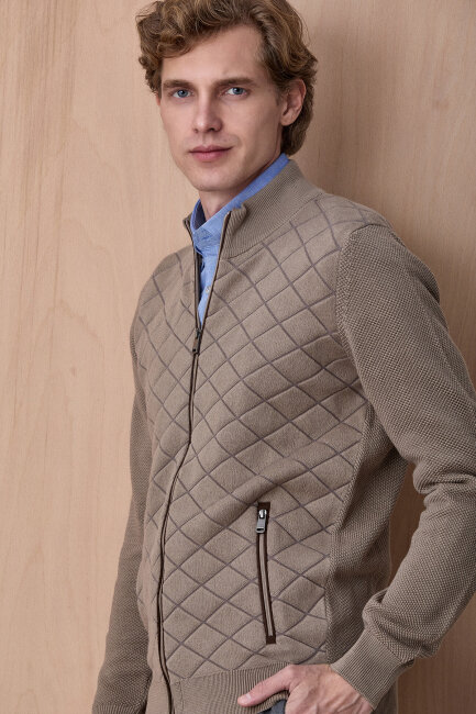 Bej Pamuklu Fermuarlı Kazak (1)