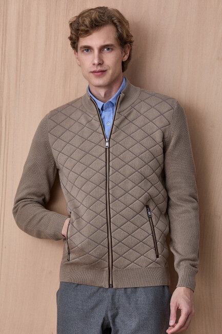 Bej Pamuklu Fermuarlı Kazak - 4