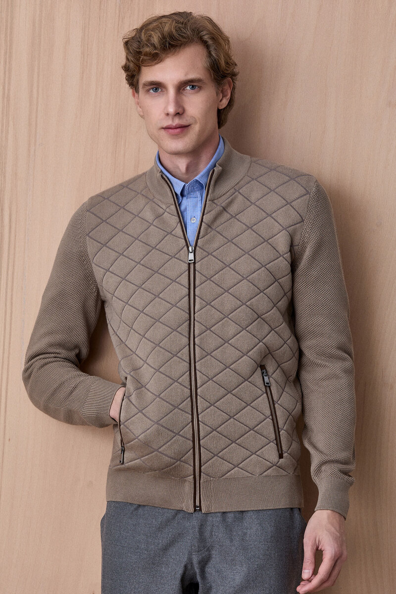 Bej Pamuklu Fermuarlı Kazak - 4