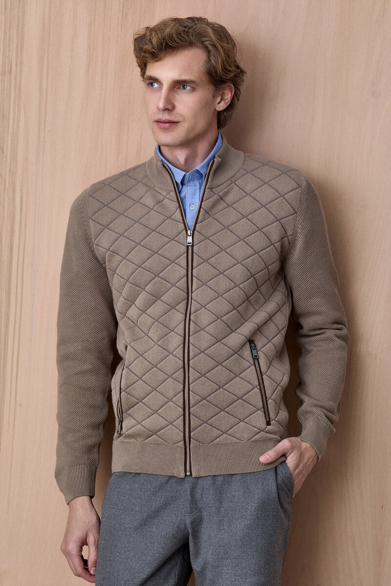 Bej Pamuklu Fermuarlı Kazak - 5