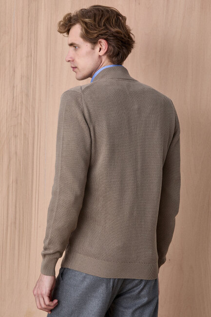 Bej Pamuklu Fermuarlı Kazak - 6