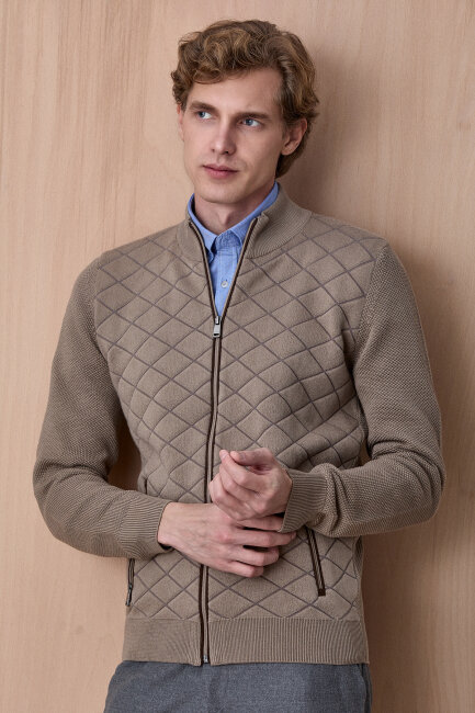 Bej Pamuklu Fermuarlı Kazak 