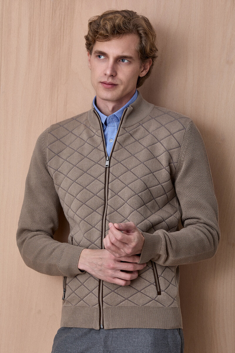 Bej Pamuklu Fermuarlı Kazak - 1