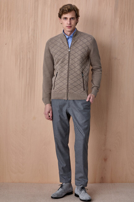 Bej Pamuklu Fermuarlı Kazak - 3