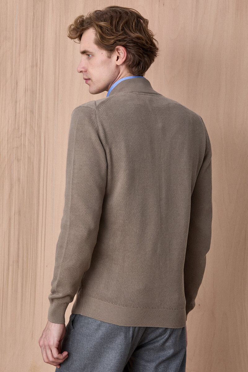 Bej Pamuklu Fermuarlı Kazak - 6