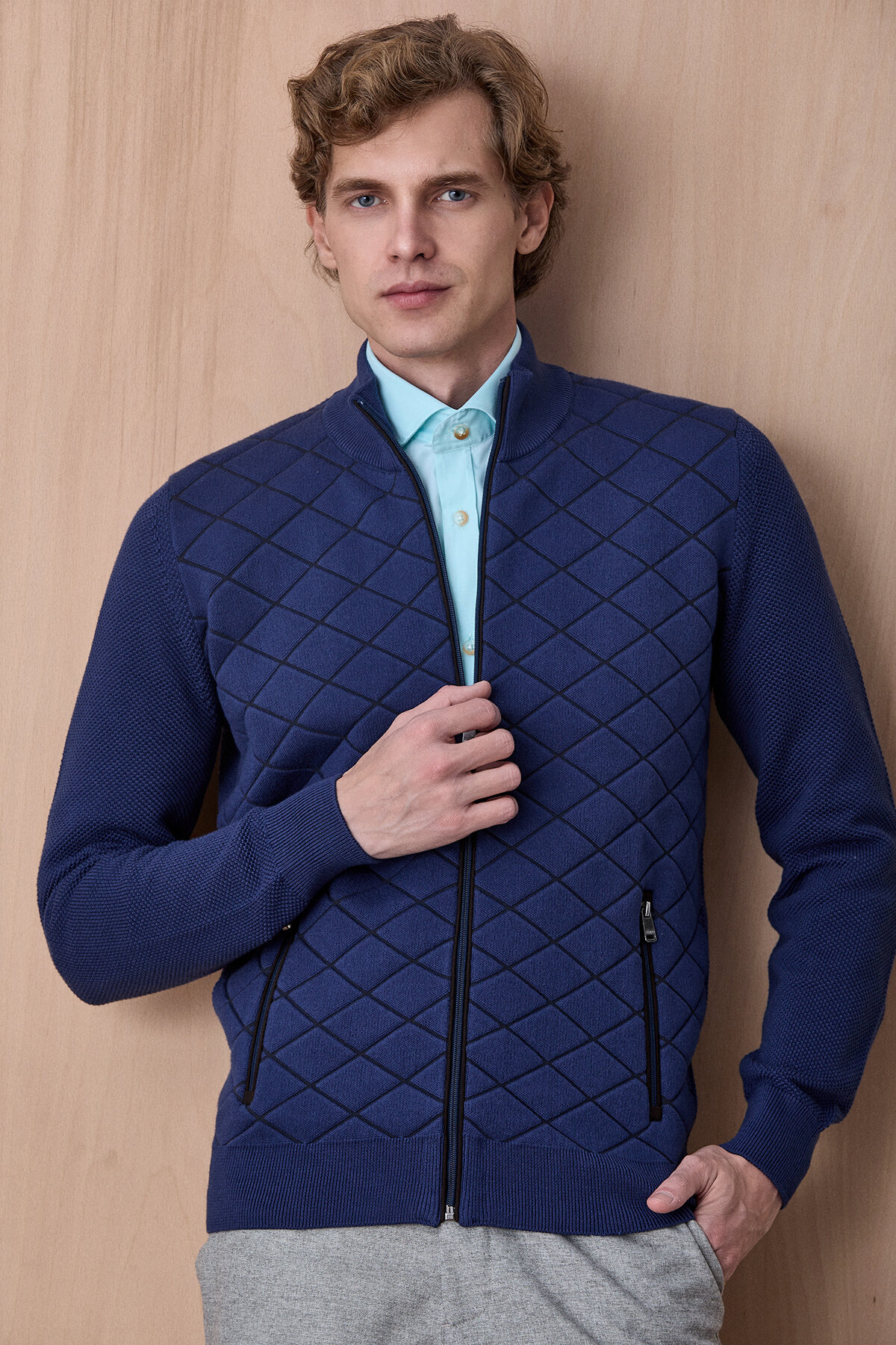 Indigo Pamuklu Fermuarlı Kazak - 1