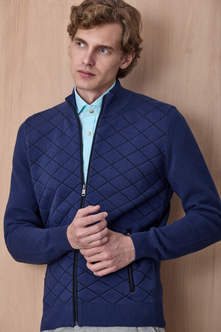 Indigo Pamuklu Fermuarlı Kazak - 3