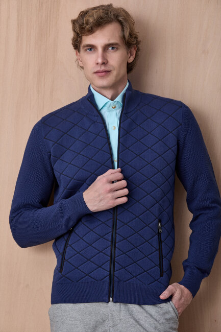 Indigo Pamuklu Fermuarlı Kazak - 1