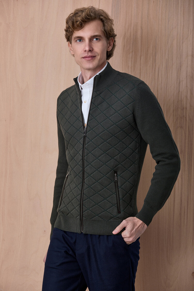 Koyu Yeşil Pamuklu Fermuarlı Kazak - 4