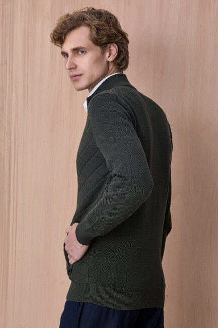 Koyu Yeşil Pamuklu Fermuarlı Kazak - 6