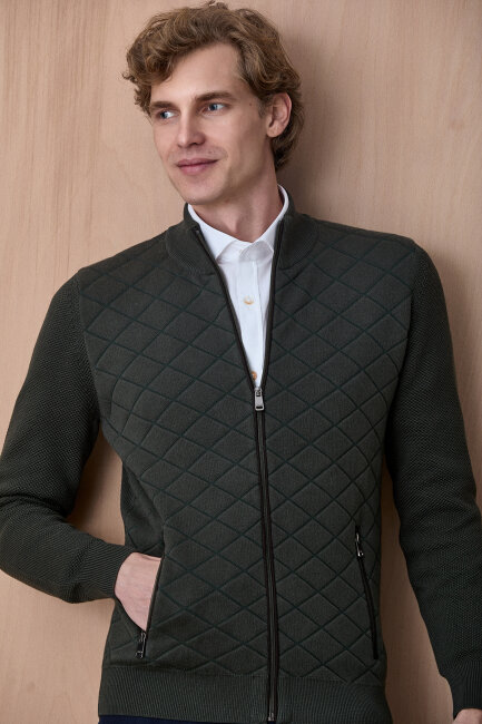 Koyu Yeşil Pamuklu Fermuarlı Kazak 