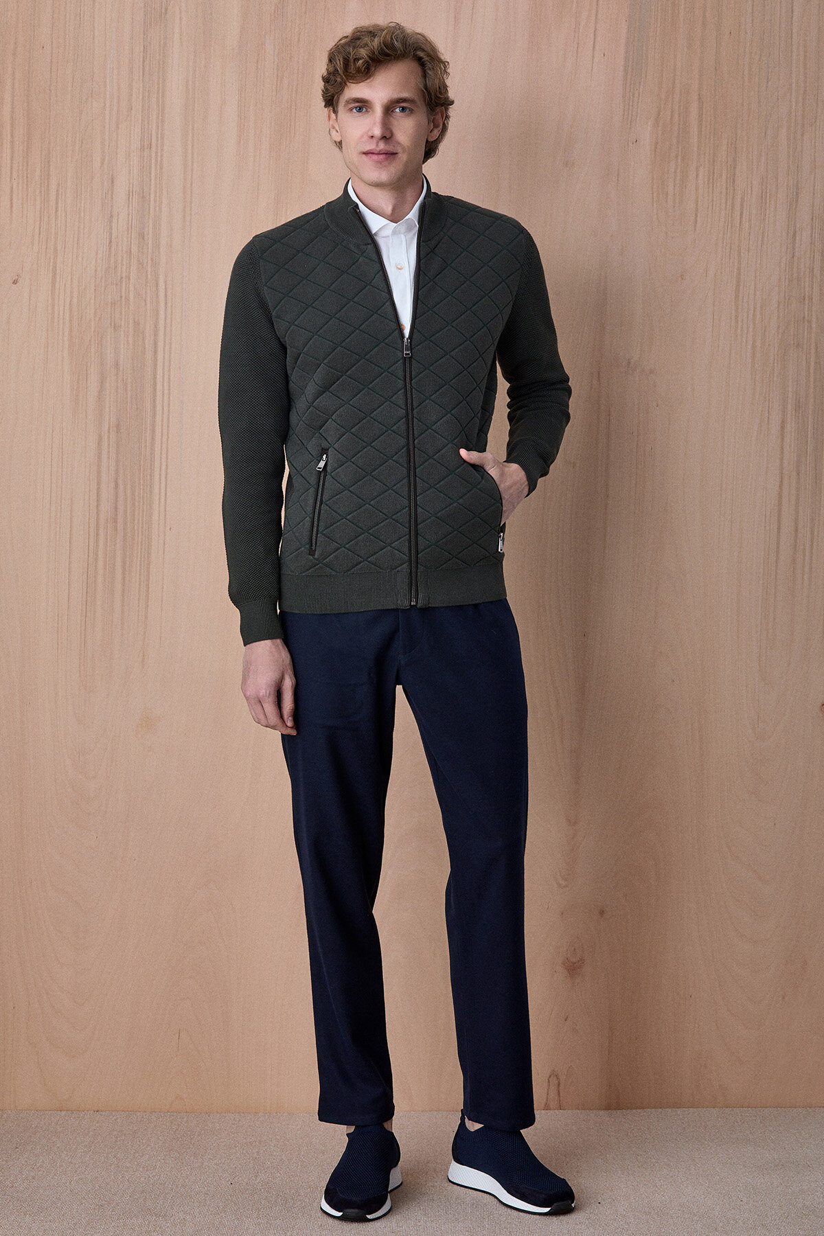 Koyu Yeşil Pamuklu Fermuarlı Kazak - 3