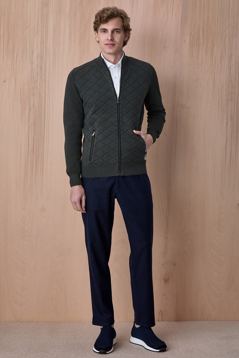 Koyu Yeşil Pamuklu Fermuarlı Kazak - 3