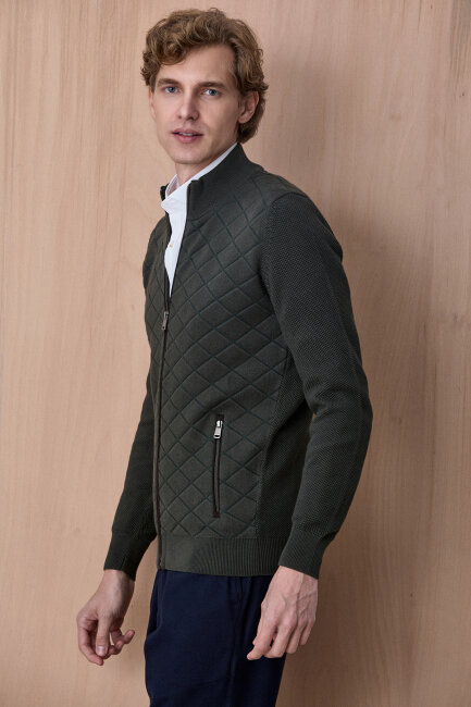 Koyu Yeşil Pamuklu Fermuarlı Kazak - 5