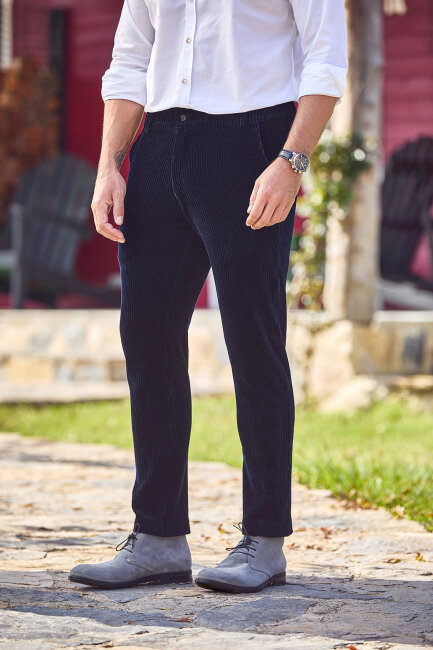 Lacivert Pamuklu Kadife Pantolon - 4