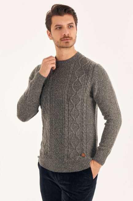 Anthracite Wool Jacquard Crew Neck Sweater - 2