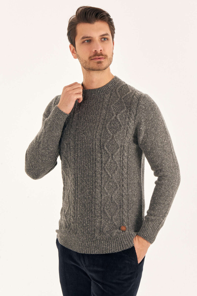 Anthracite Wool Jacquard Crew Neck Sweater - 2