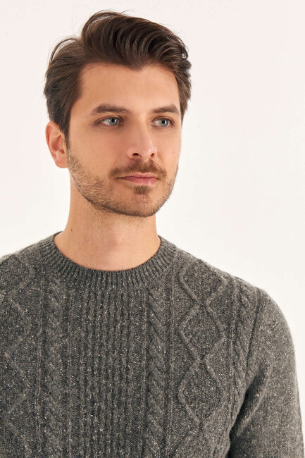 Anthracite Wool Jacquard Crew Neck Sweater - 3