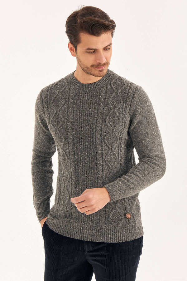 Anthracite Wool Jacquard Crew Neck Sweater - 1