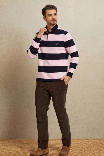 Navy Blue - Pink 100% Cotton Velvet Collar Sweatshirt - 3