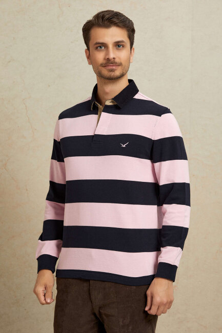 Navy Blue - Pink 100% Cotton Velvet Collar Sweatshirt - 5
