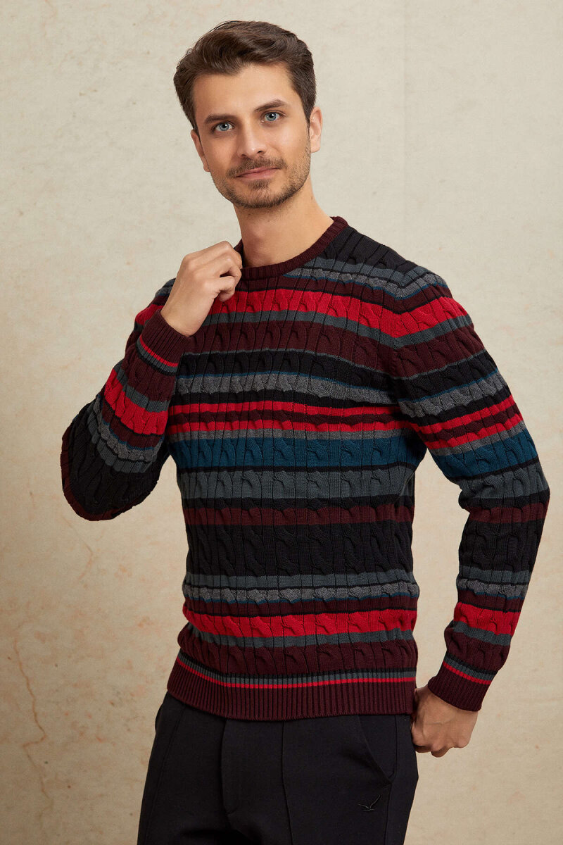 Bordo %100 Pamuk Yuvarlak Yaka Kazak - 6